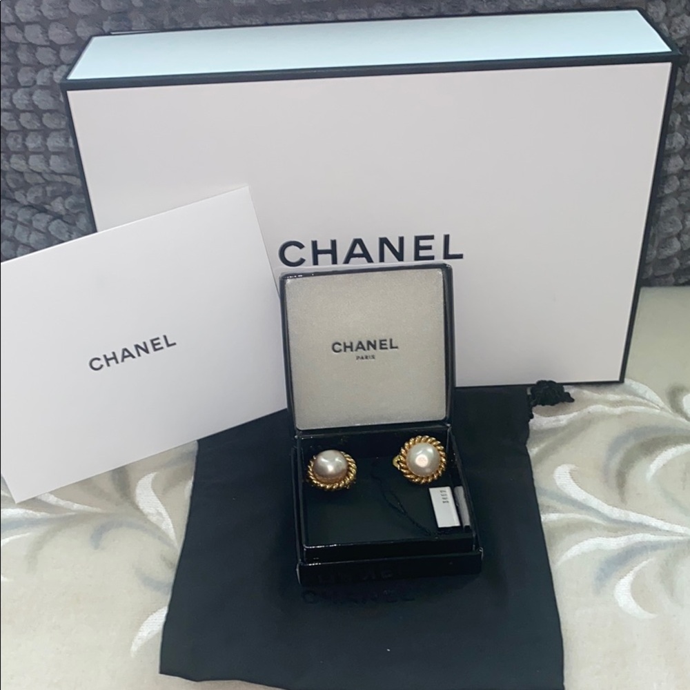 CHANEL Gold and White Pearl Earrings